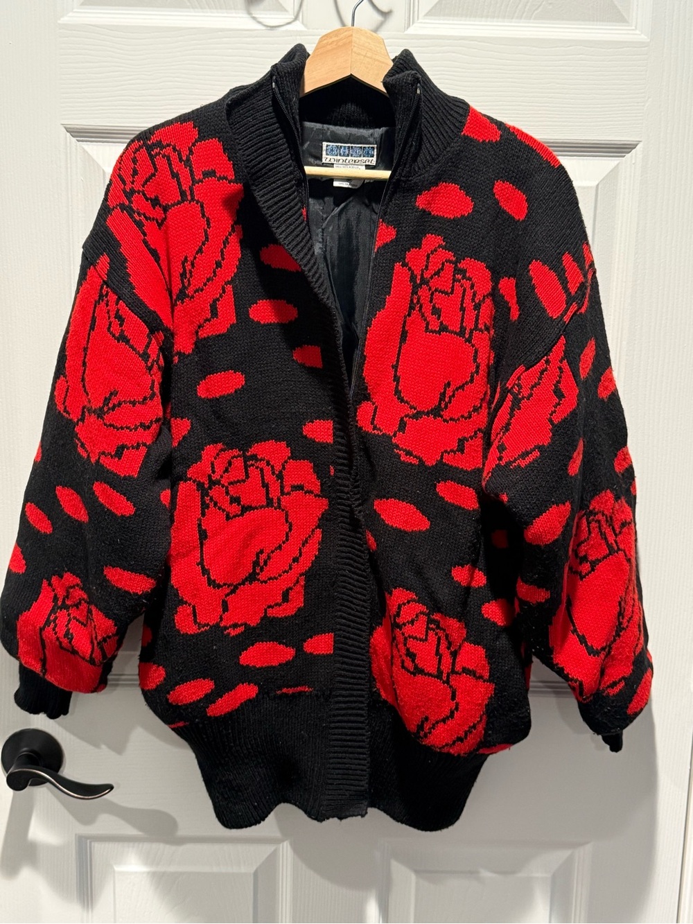 Vintage Winterset Black & Red Floral Zip-Up Sweater Jacket - Picture 2 of 3